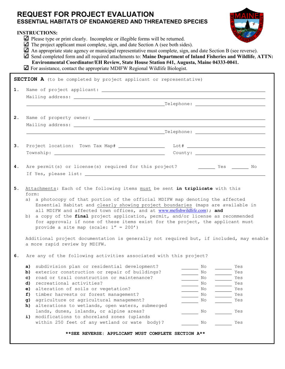 MDIFW Form EHR Request for Project Evaluation - Essential Habitats of Endangered and Threatened Species - Maine, Page 3