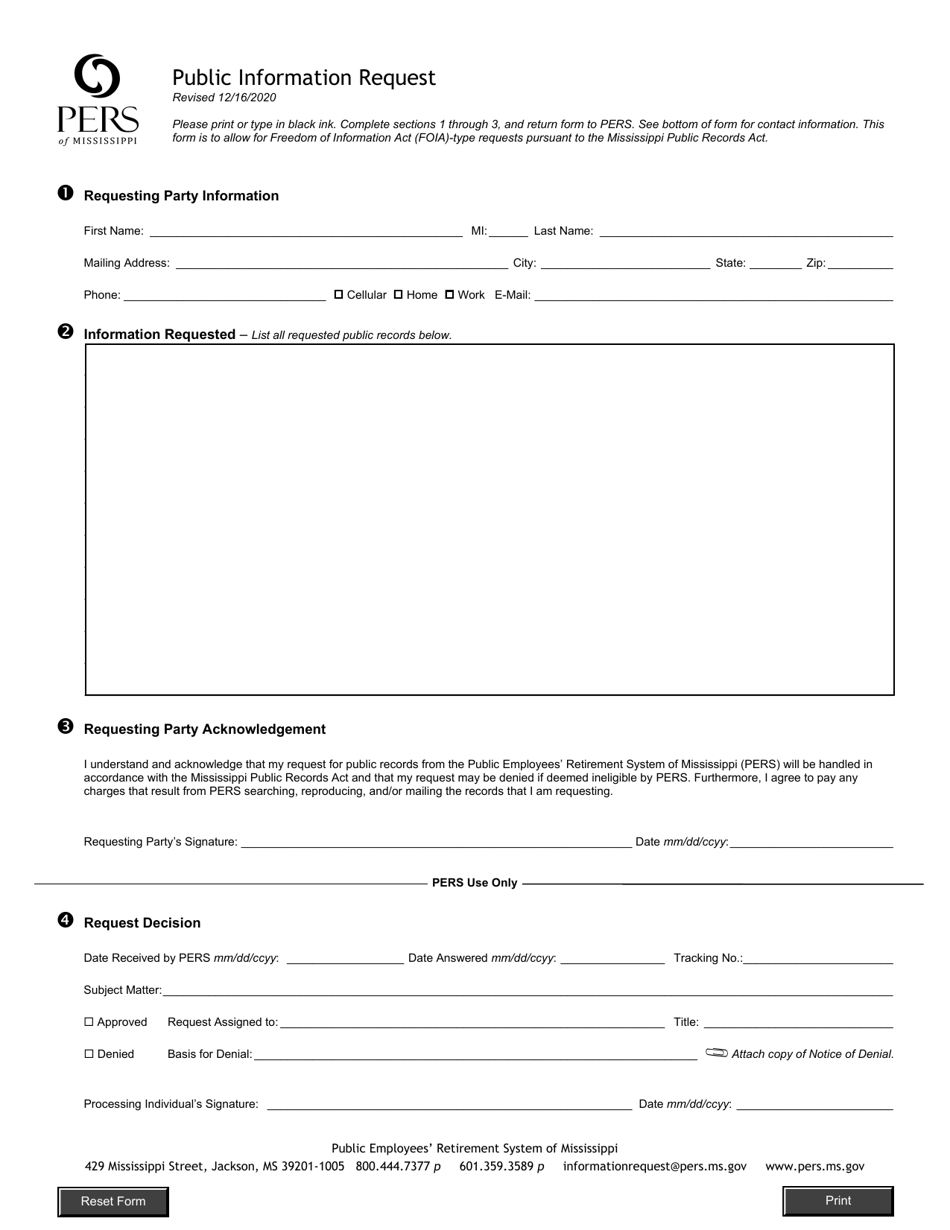 Form PIR Public Information Request - Mississippi, Page 1