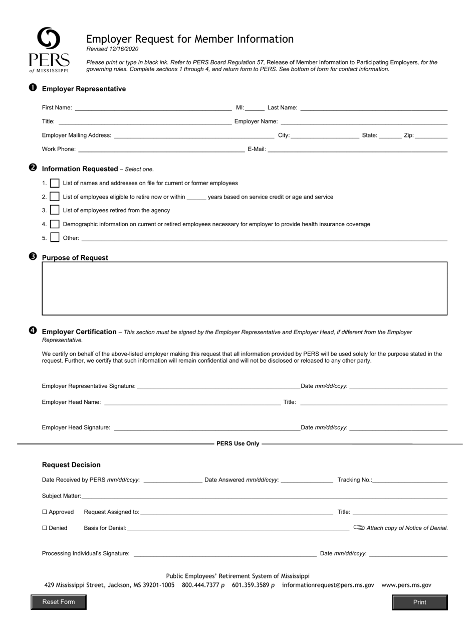 Form ERMI Employer Request for Member Information - Mississippi, Page 1