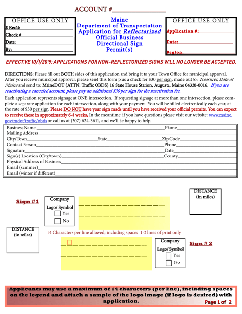Application for Reflectorized Official Business Directional Sign Permit(S) - Maine Download Pdf
