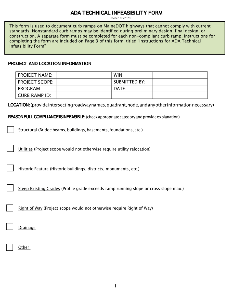 Ada Technical Infeasibility Form - Maine, Page 1