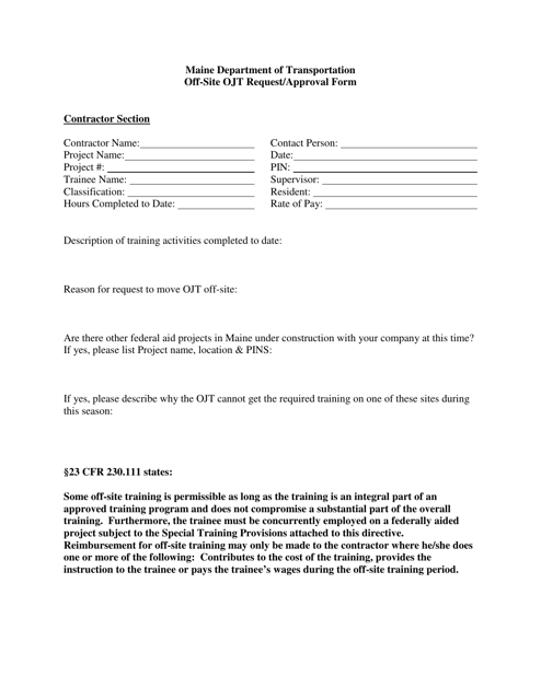 Off-Site Ojt Request / Approval Form - Maine Download Pdf