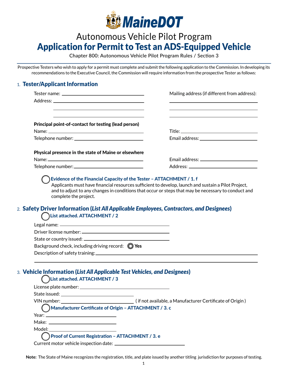Application for Permit to Test an Ads-Equipped Vehicle - Maine, Page 1