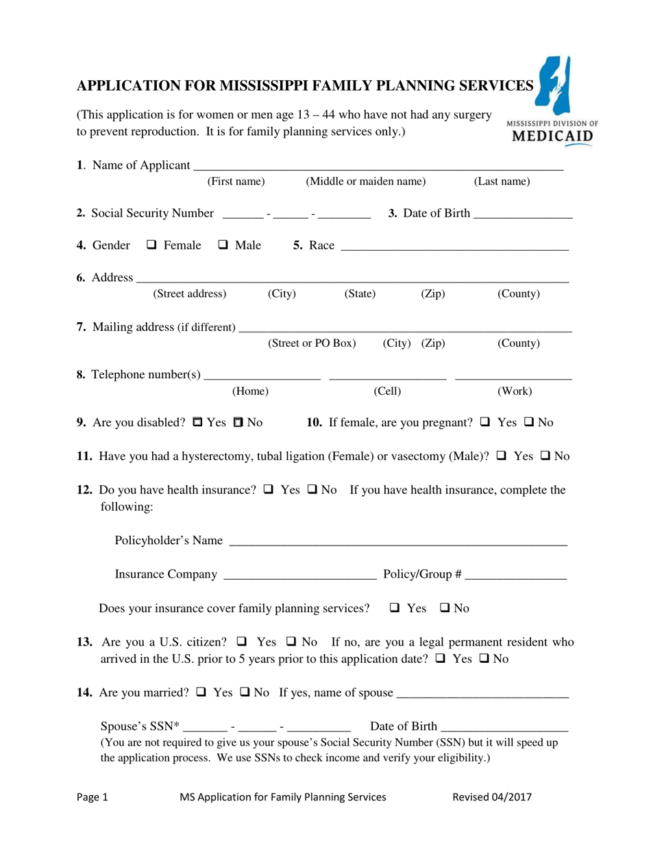 Application for Mississippi Family Planning Services - Mississippi, Page 1