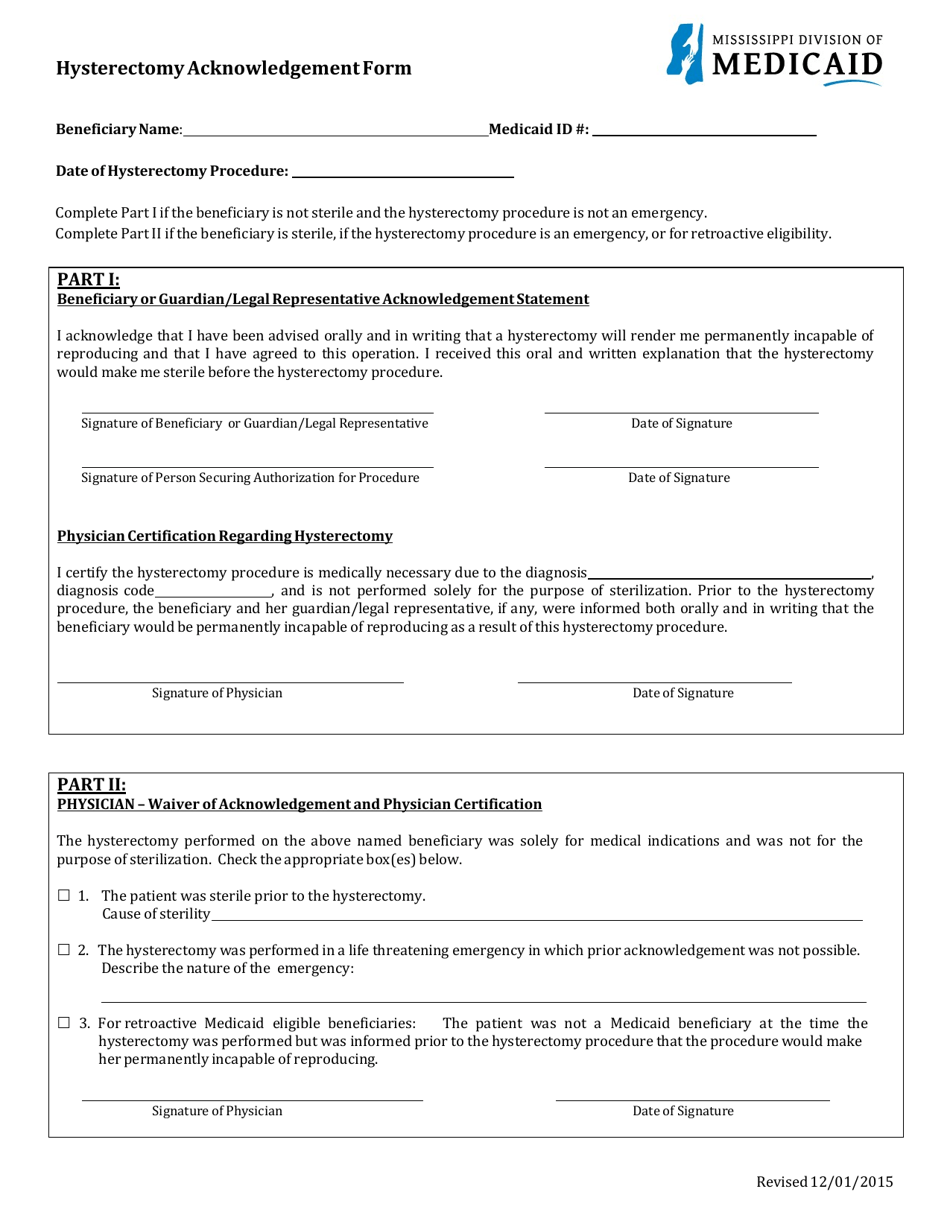 Hysterectomy Acknowledgement Form - Mississippi, Page 1