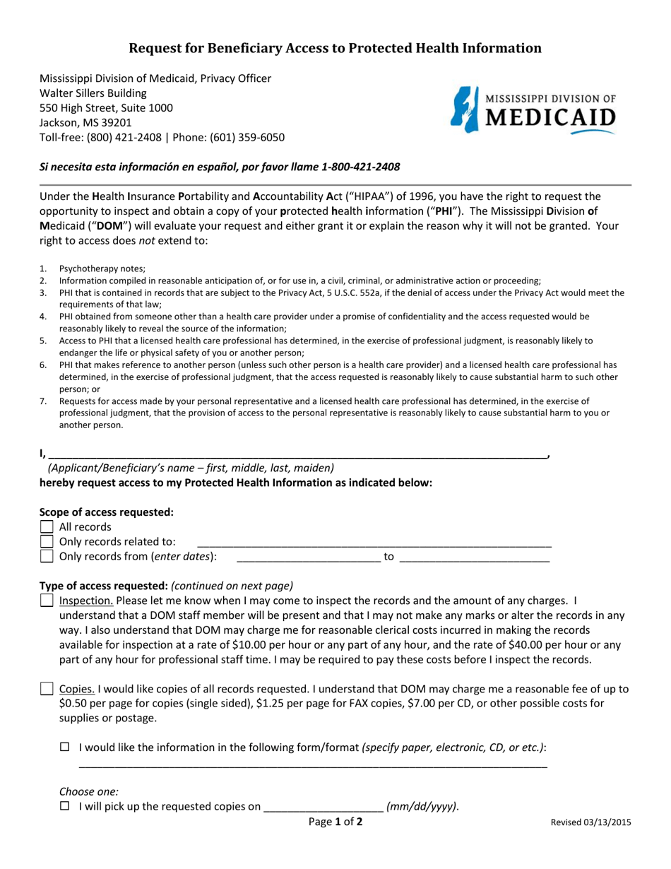 Request for Beneficiary Access to Protected Health Information - Mississippi, Page 1
