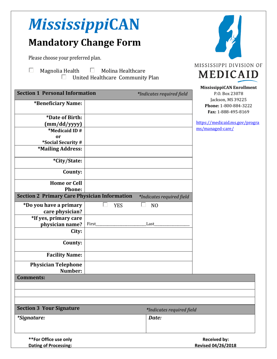 Mississippican Change of Plan Form for Mandatory Groups - Mississippi, Page 1