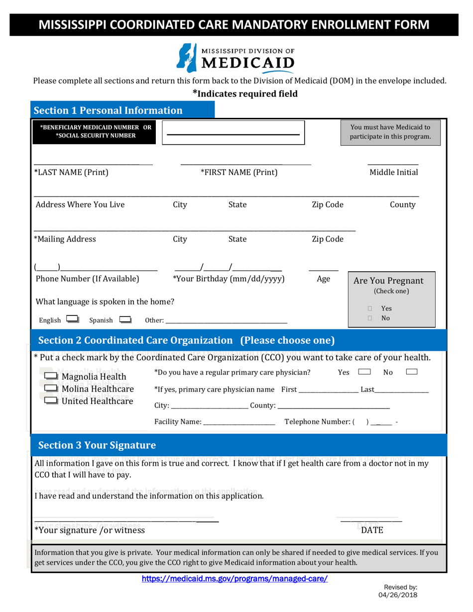 Mississippican Enrollment Form for Mandatory Groups - Mississippi, Page 1