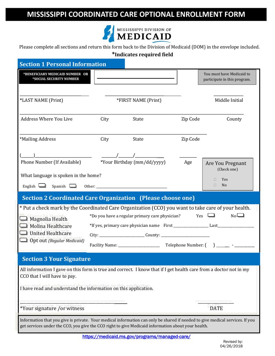 Mississippican Enrollment Form for Optional Groups - Mississippi, Page 1