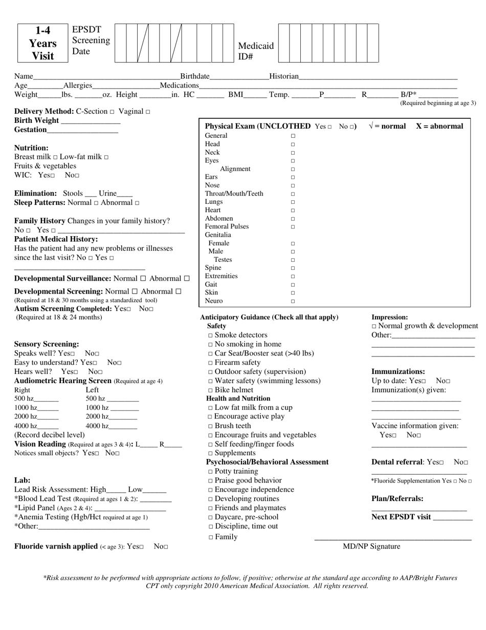 1-4 Years Epsdt Visit Form - Mississippi, Page 1