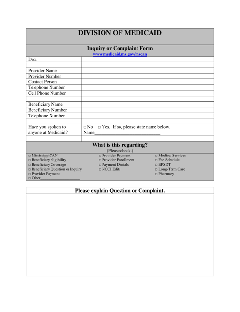 Mississippican Inquiry / Complaint Form - Mississippi Download Pdf