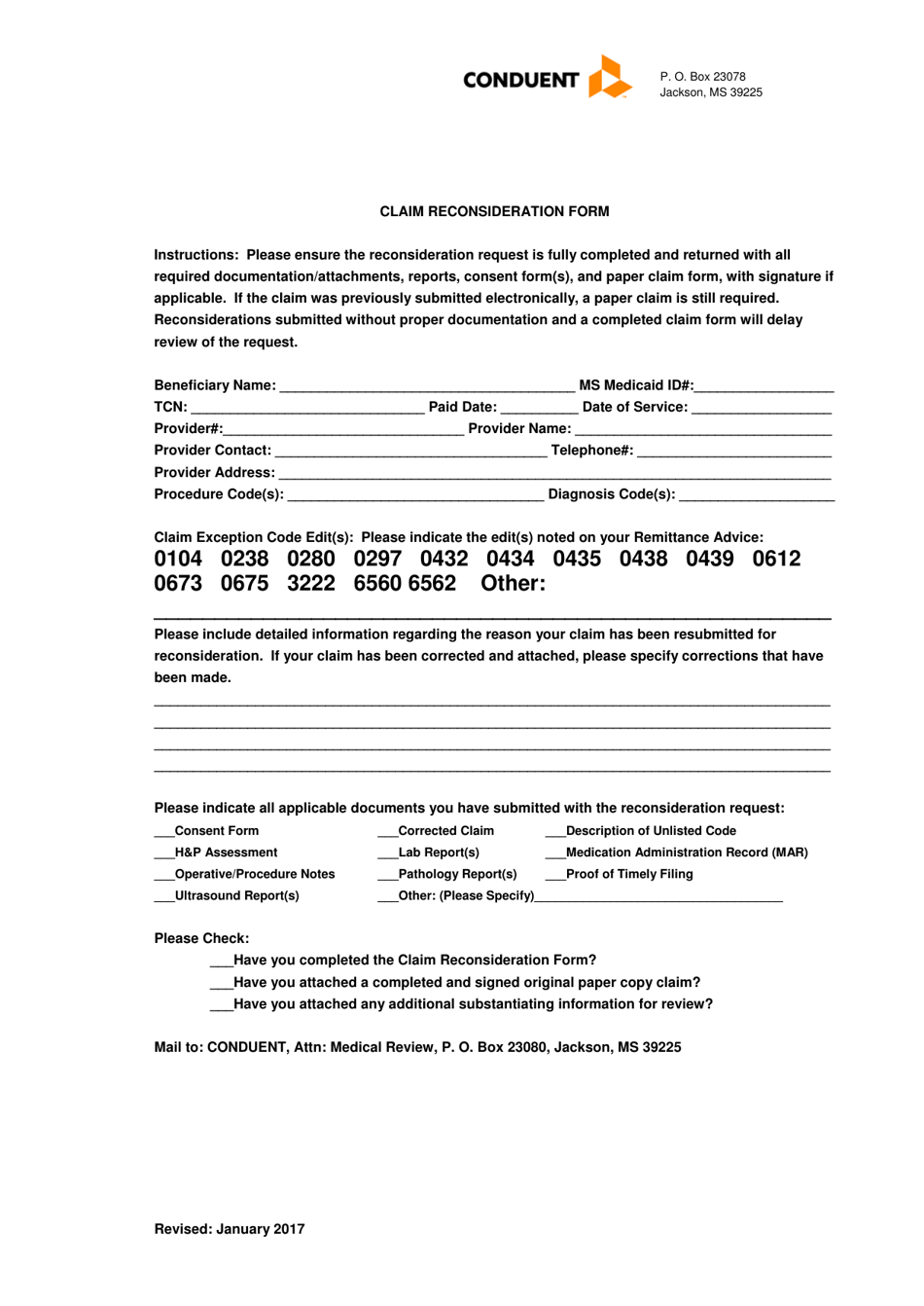 Claim Reconsideration Form - Mississippi, Page 1