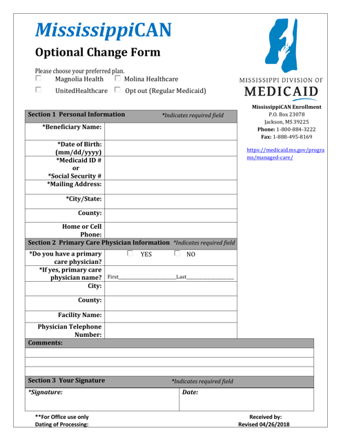 Mississippican Change of Plan Form for Optional Groups - Mississippi Download Pdf
