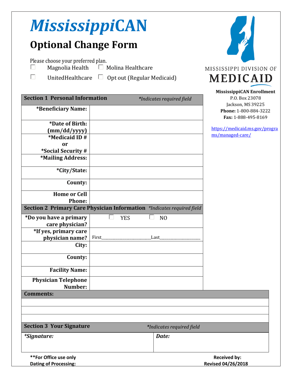 Mississippican Change of Plan Form for Optional Groups - Mississippi, Page 1