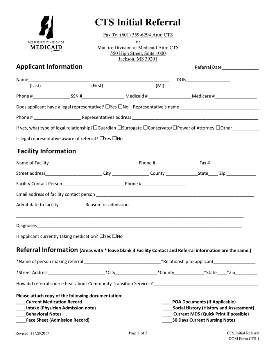DOM Form CTS.1 Cts Initial Referral - Mississippi, Page 1