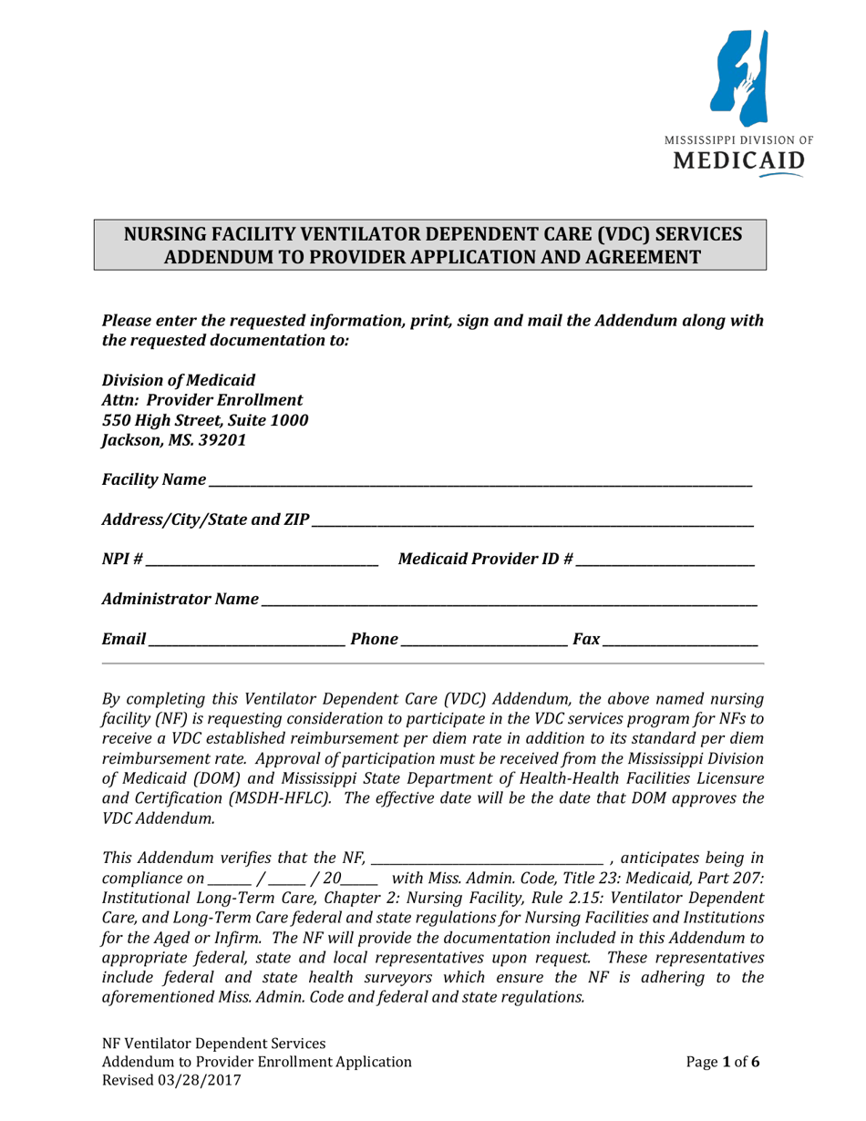 Nursing Facility Ventilator Dependent Care (Vdc) Services Addendum to Provider Application and Agreement - Mississippi, Page 1