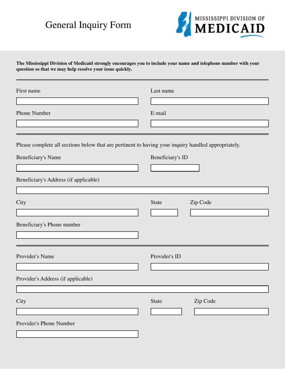 Mississippi General Inquiry Form - Fill Out, Sign Online and Download ...