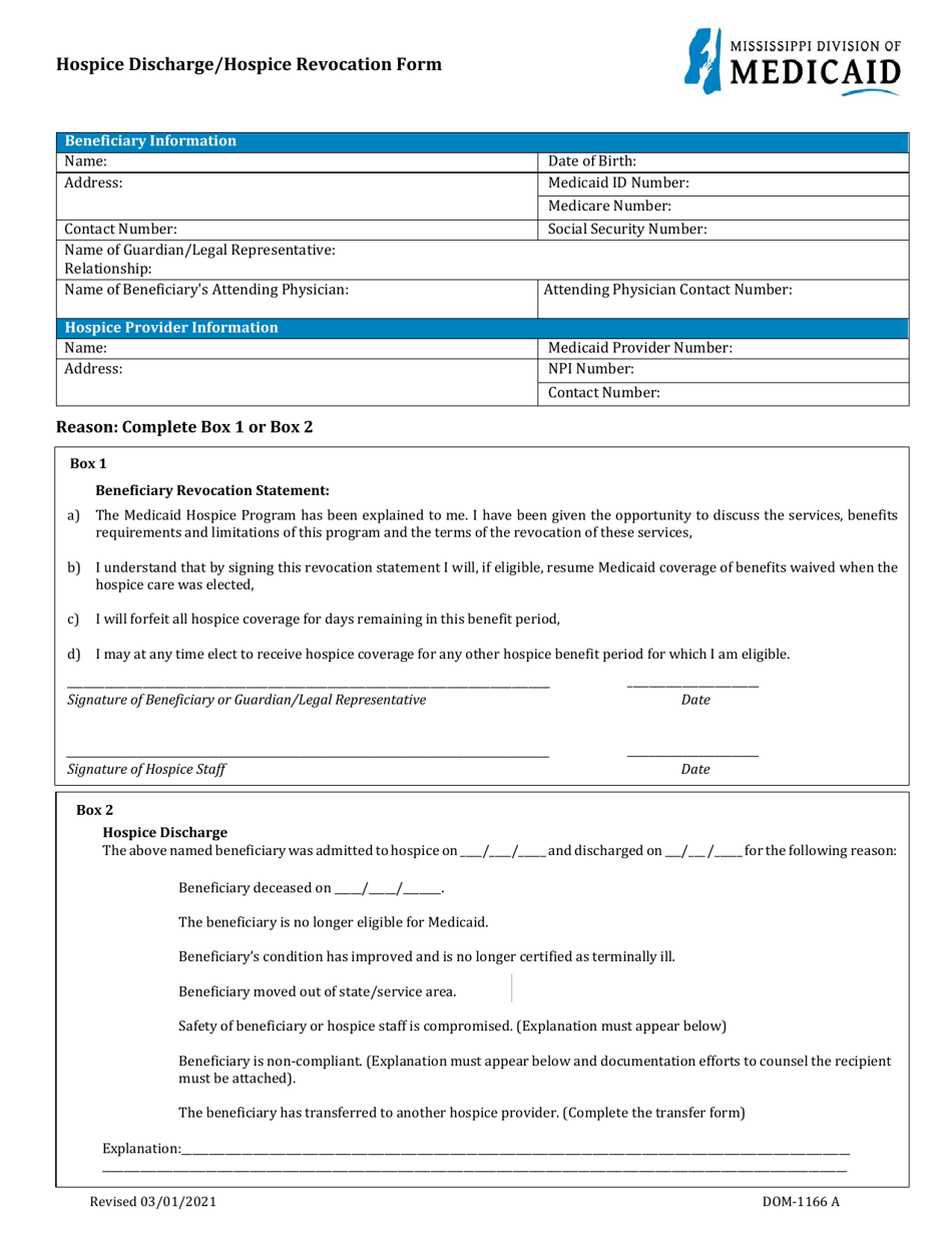 Form DOM-1166 A Hospice Discharge / Hospice Revocation Form - Mississippi, Page 1