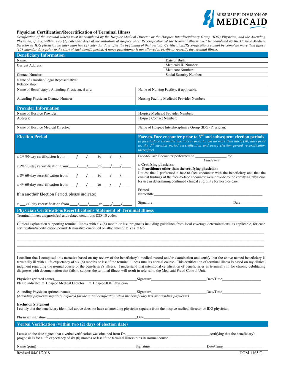 Form DOM1165 C Physician Certification / Recertification of Terminal Illness - Mississippi, Page 1
