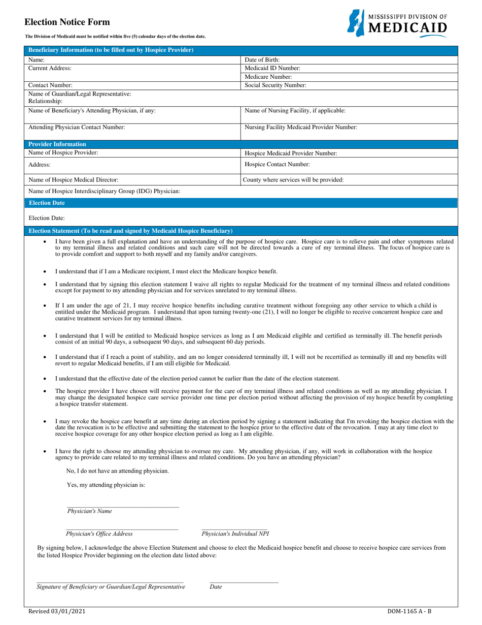 Form DOM-1165 A-B Election Notice Form - Mississippi, Page 1