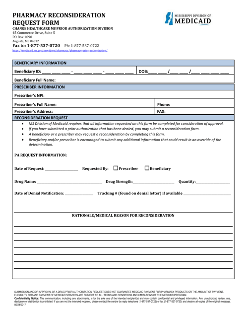 Pharmacy Reconsideration Request Form - Mississippi Download Pdf
