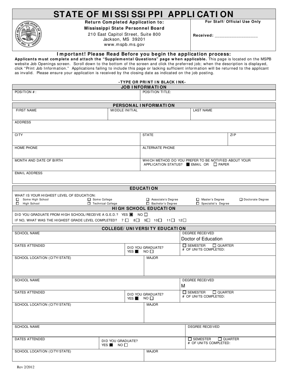 State of Mississippi Application - Mississippi, Page 1
