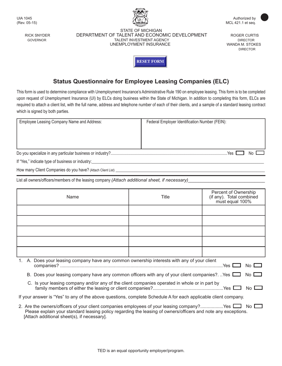 Form UIA1045 Status Questionnaire for Employee Leasing Companies (Elc) - Michigan, Page 1