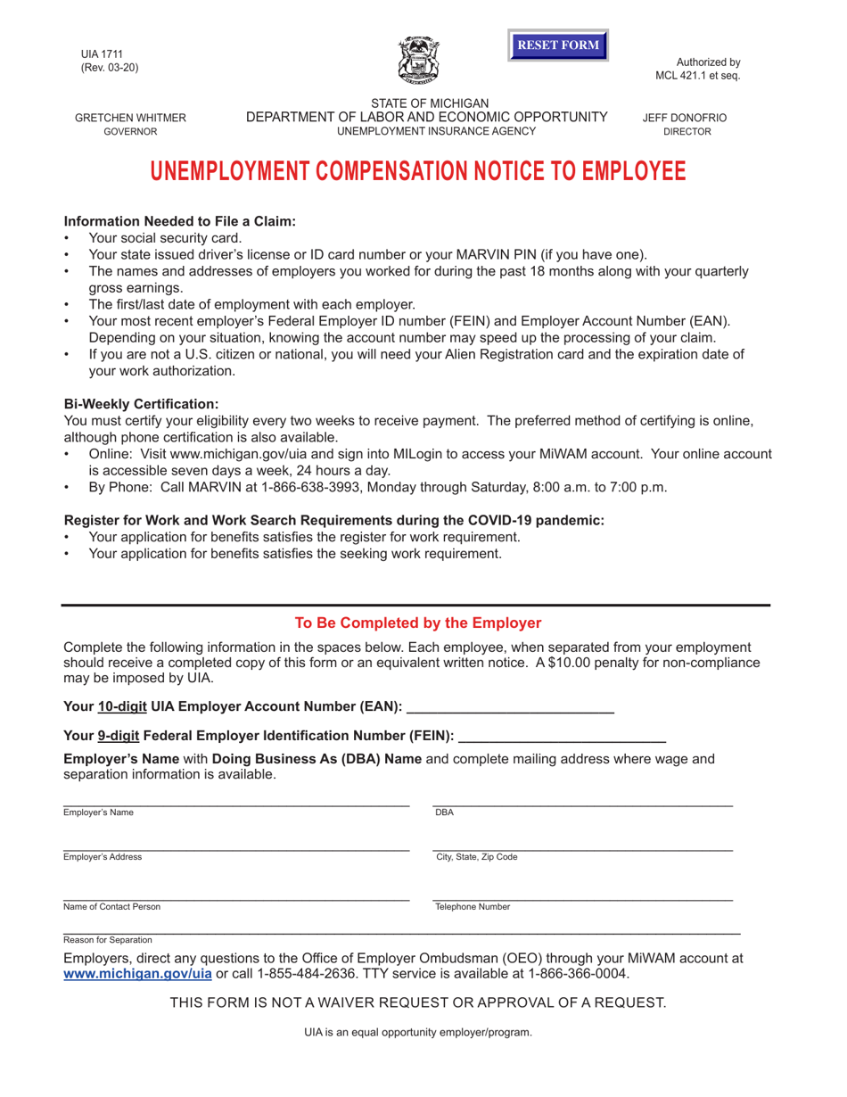 Form UIA1711 Unemployment Compensation Notice to Employee - Michigan, Page 1