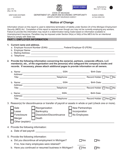 Form UIA1772 Notice of Change - Michigan