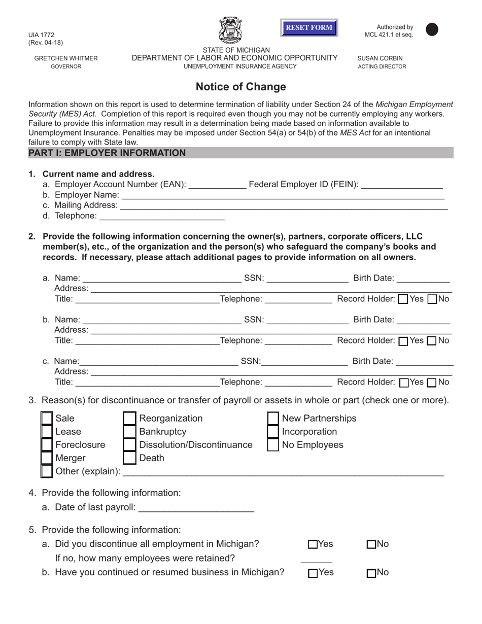 Form UIA1772 Fill Out, Sign Online and Download Fillable PDF