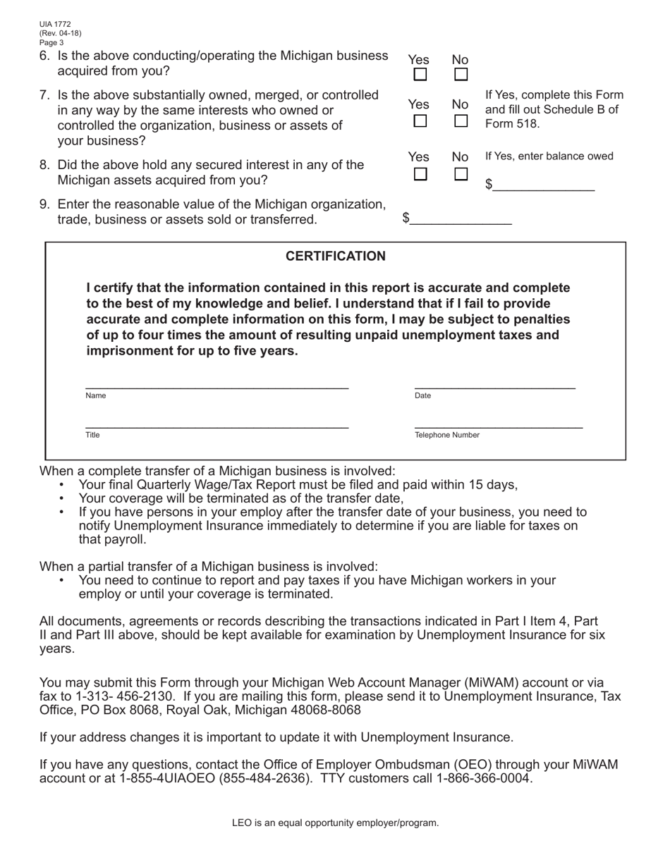 Form UIA1772 Notice of Change - Michigan, Page 3