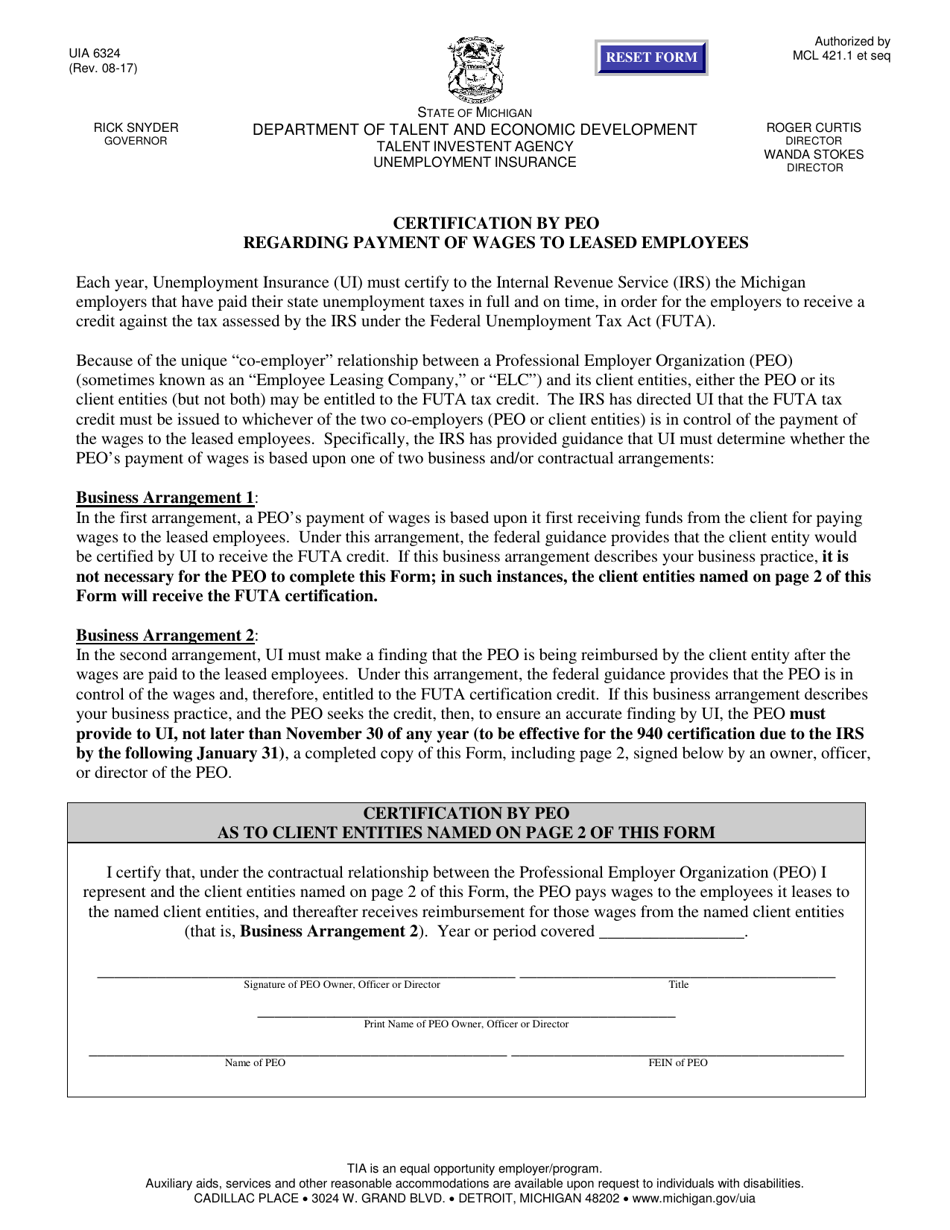 Form UIA6324 Certifications by Professional Employer Organization (Peo) Regarding Payment of Wages to Leased Employees - Michigan, Page 1