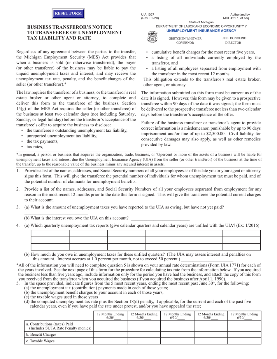 Form UIA1027 Business Transferors Notice to Transferee of Unemployment Tax Liability and Rate - Michigan, Page 1
