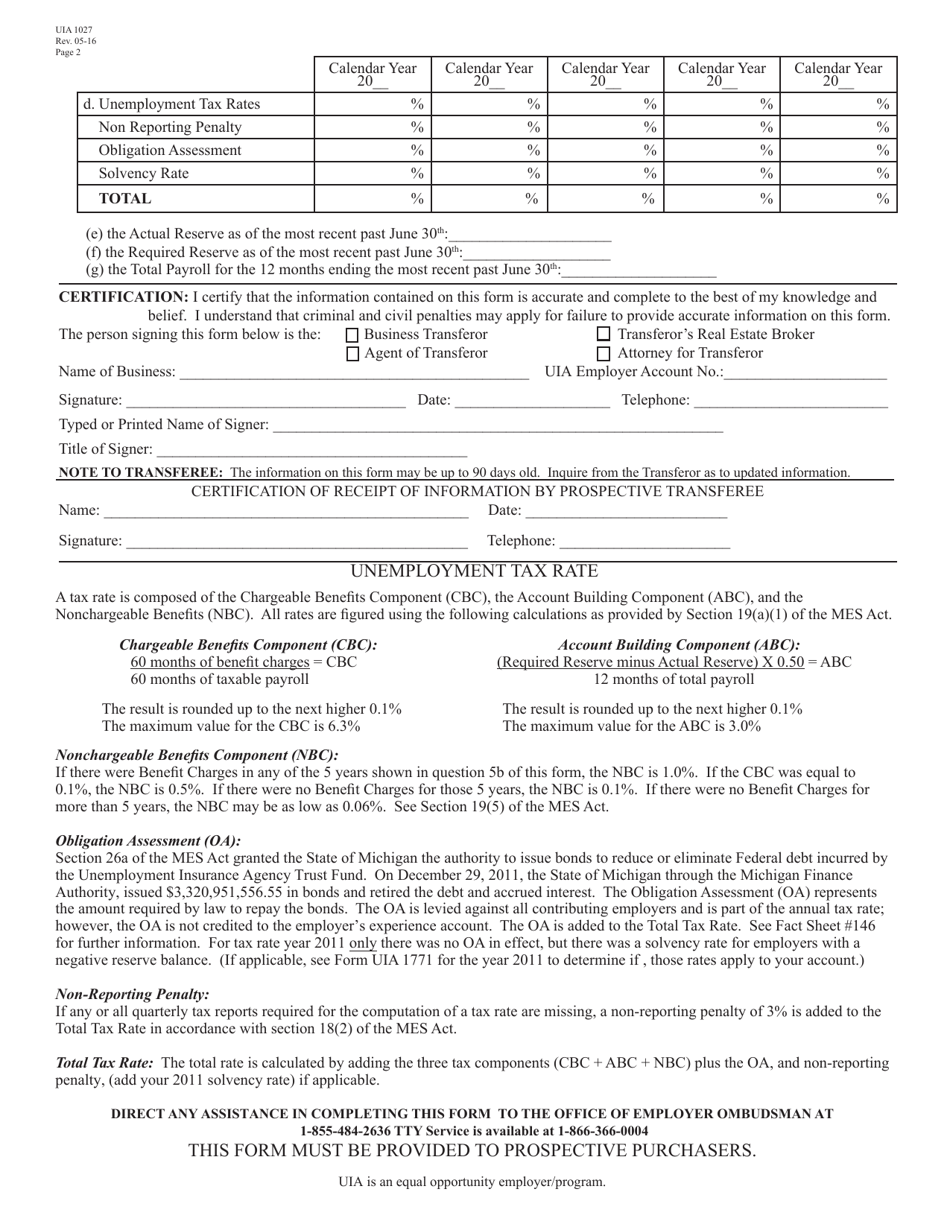 Form UIA1027 Business Transferors Notice to Transferee of Unemployment Tax Liability and Rate - Michigan, Page 2