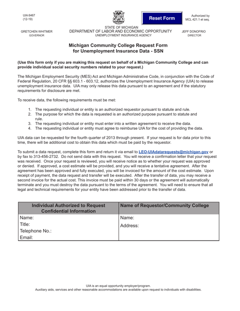Form UIA6467 Michigan Community College Request Form for Unemployment Insurance Data - Ssn - Michigan