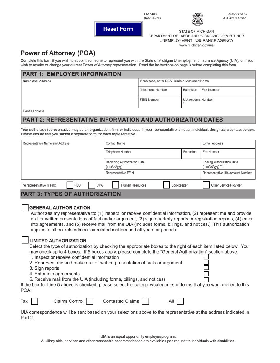 Form UIA1488 Power of Attorney (Poa) - Michigan, Page 1
