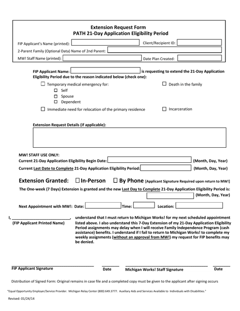 Extension Request Form - Path 21-day Application Eligibility Period - Michigan Download Pdf