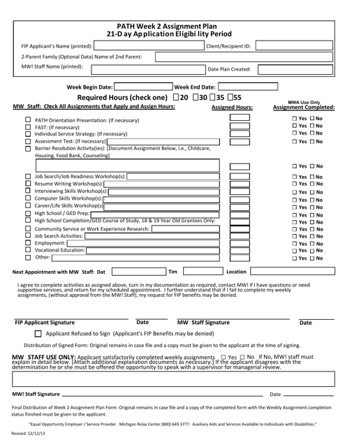 Path Week 2 Assignment Plan - 21-day Application Eligibility Period - Michigan Download Pdf
