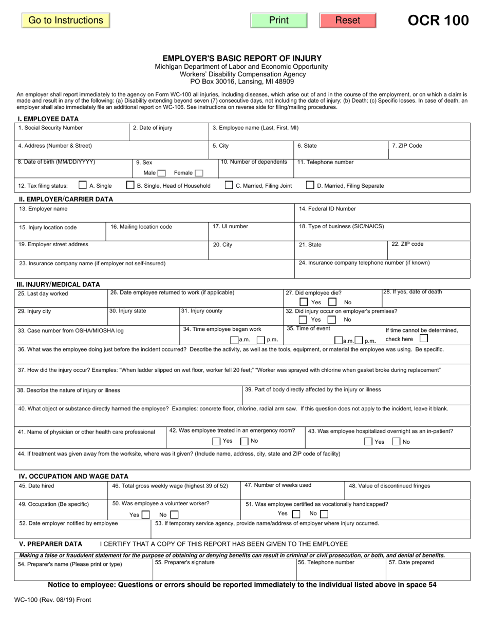 Form WC-100 Employers Basic Report of Injury - Michigan, Page 1
