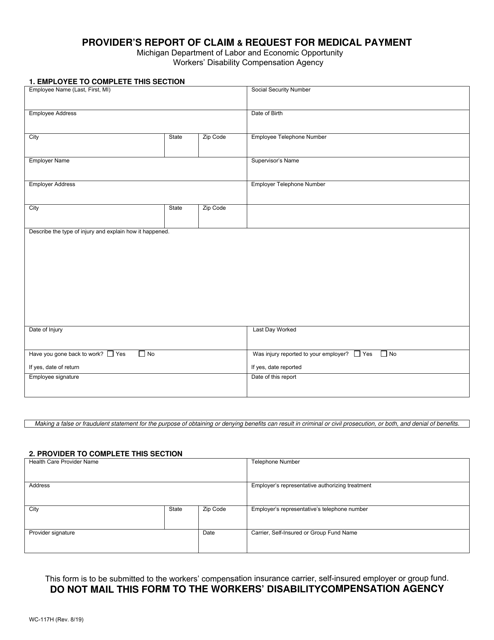 Form WC-117H Provider's Report of Claim & Request for Medical Payment - Michigan