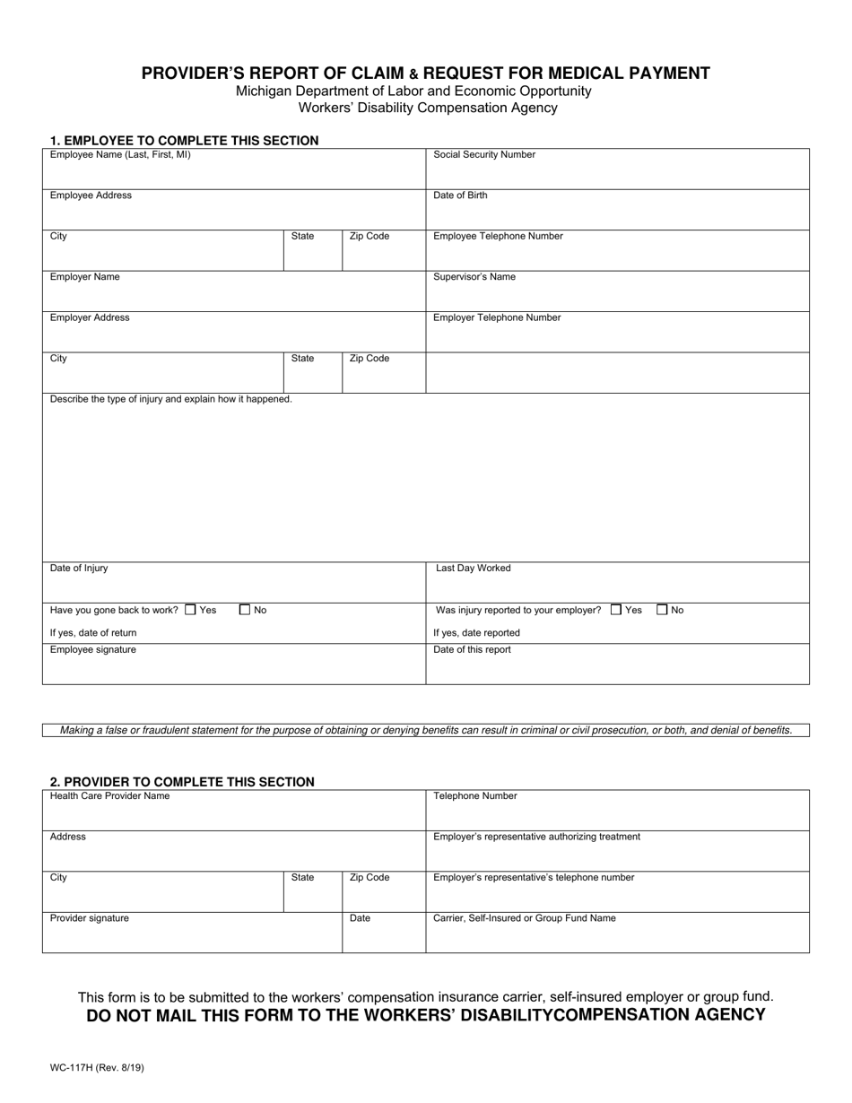 Form WC-117H Providers Report of Claim  Request for Medical Payment - Michigan, Page 1