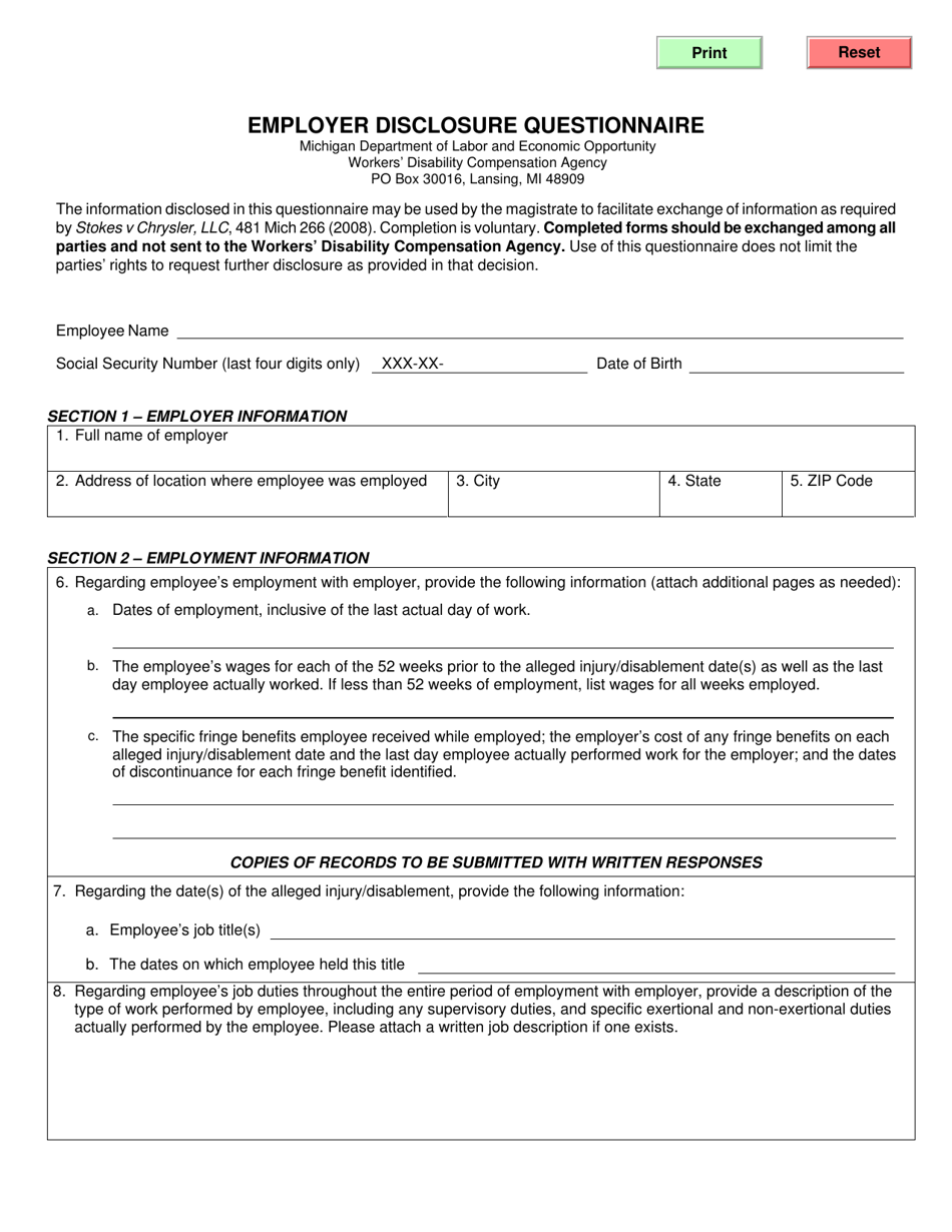 Form WC-105B Employer Disclosure Questionnaire - Michigan, Page 1