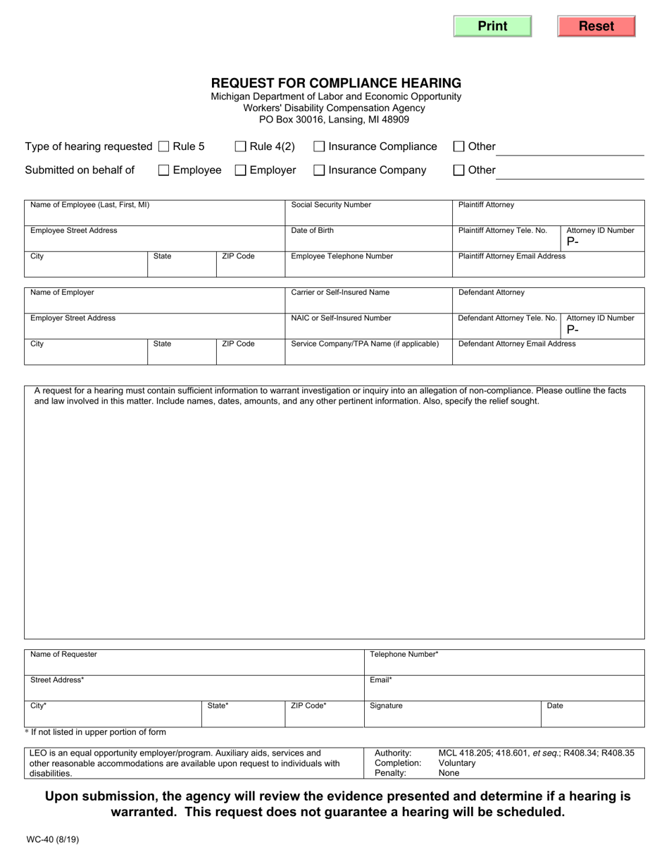 Form WC-40 Request for Compliance Hearing - Michigan, Page 1