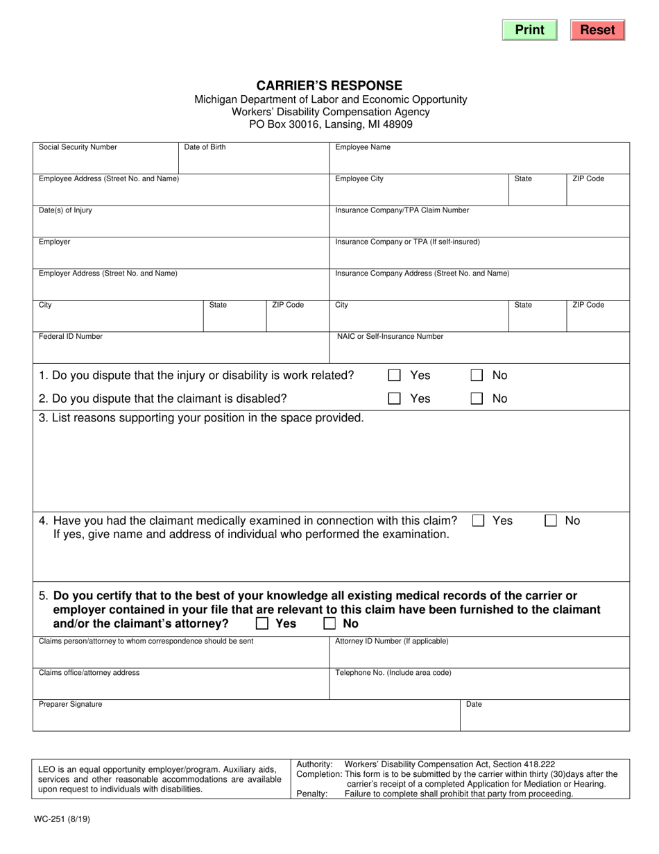 Form WC-251 Carriers Response - Michigan, Page 1