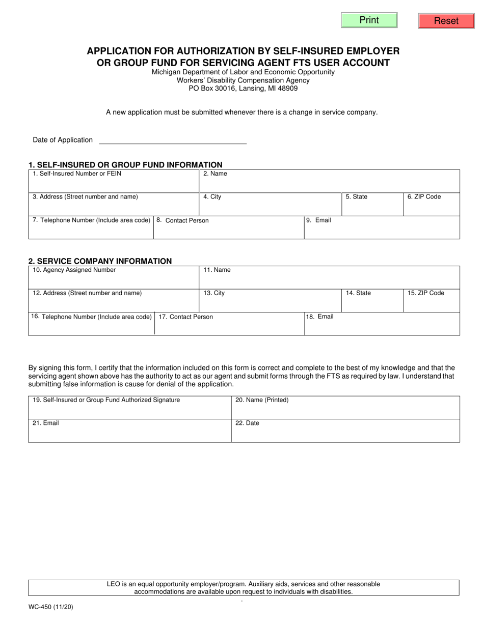 Form WC-450 Application for Authorization by Self-insured Employer or Group Fund for Servicing Agent Fts User Account - Michigan, Page 1