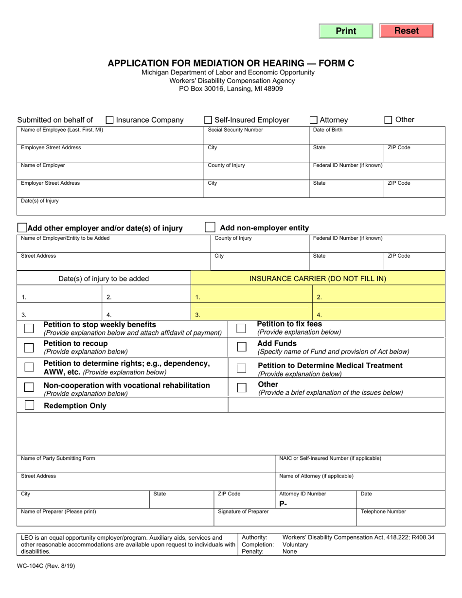 Form C (WC-104C) Application for Mediation or Hearing - Michigan, Page 1
