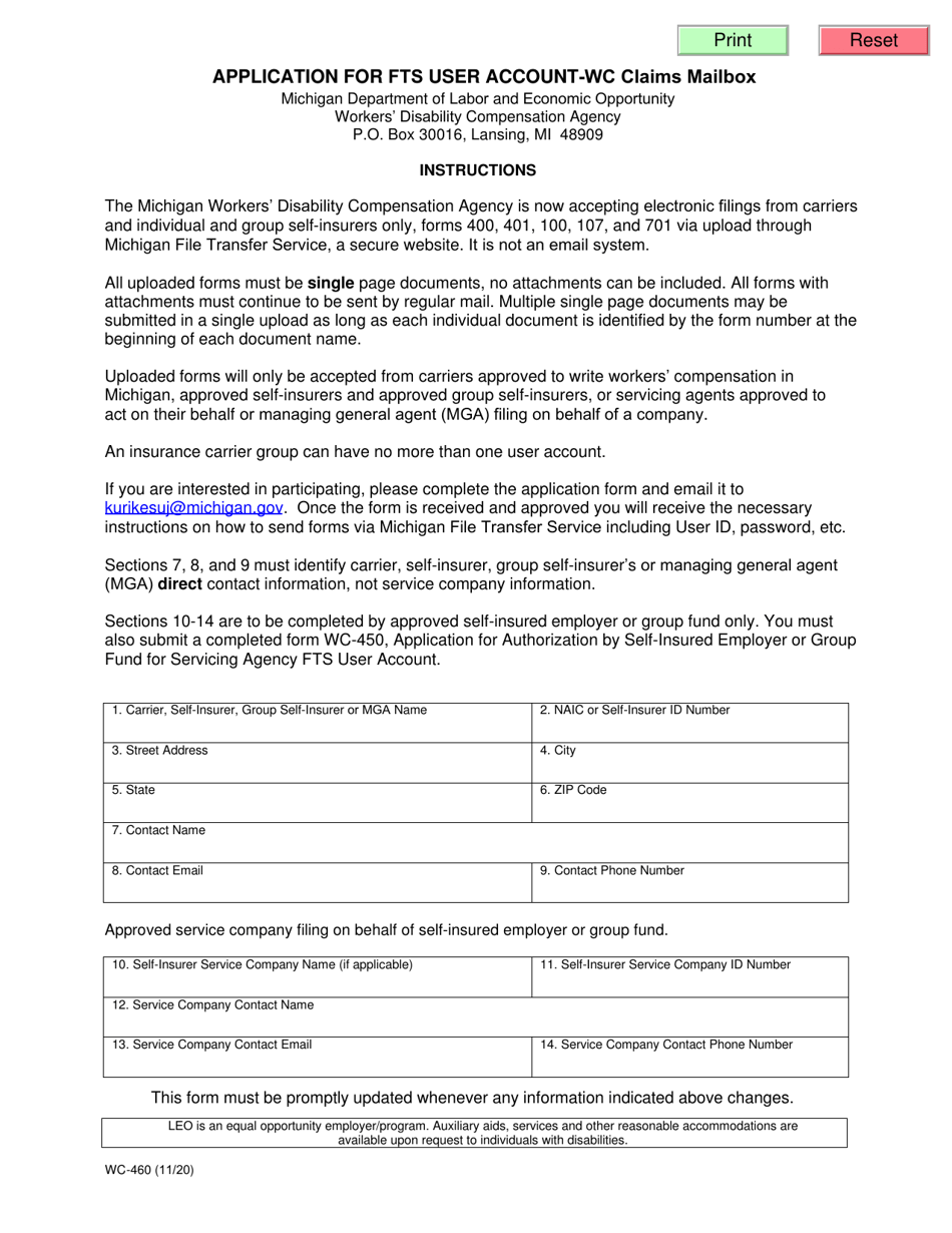 Form WC-460 Application for Fts User Account for Carriers and Self-insured Employers - Michigan, Page 1