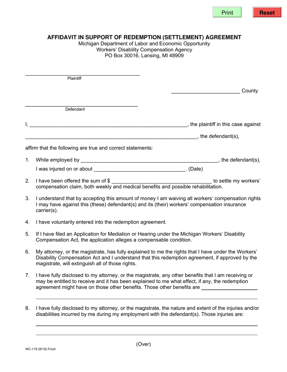 Form WC-119 Affidavit in Support of Redemption (Settlement) Agreement - Michigan, Page 1