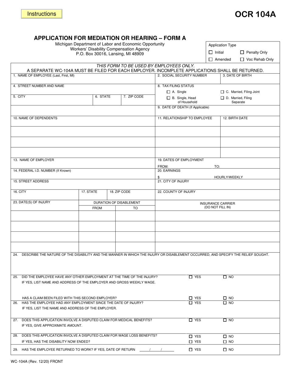 Form A (WC-104A) Application for Mediation or Hearing - Michigan, Page 1