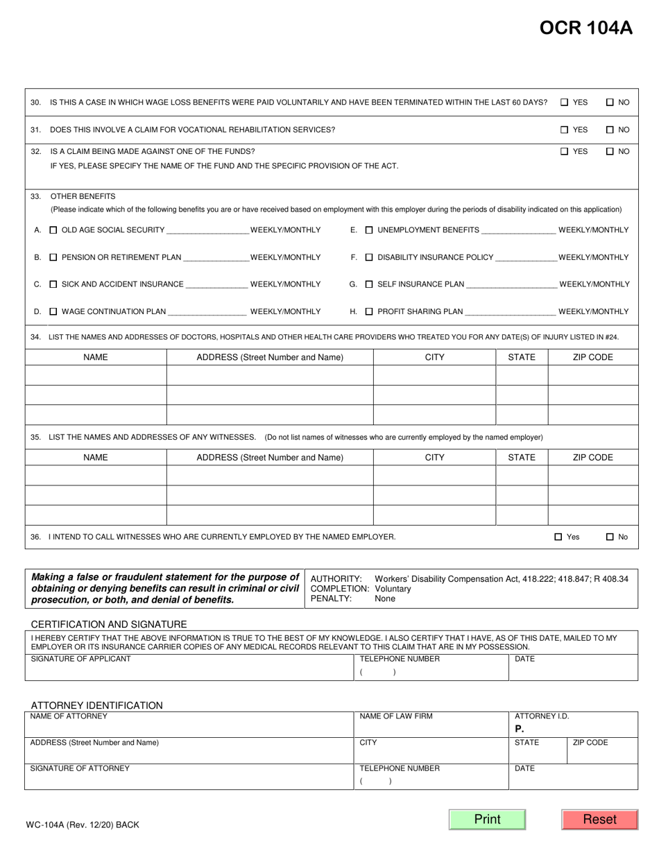 Form A (WC-104A) - Fill Out, Sign Online and Download Fillable PDF ...